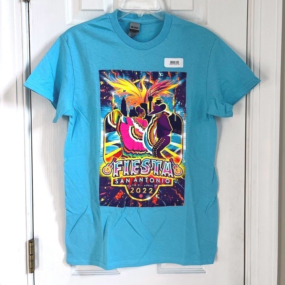 Gildan Fiesta San Antonio 2022 Graphic T Shirt Mens Small Blue Heavy Cotton Tee